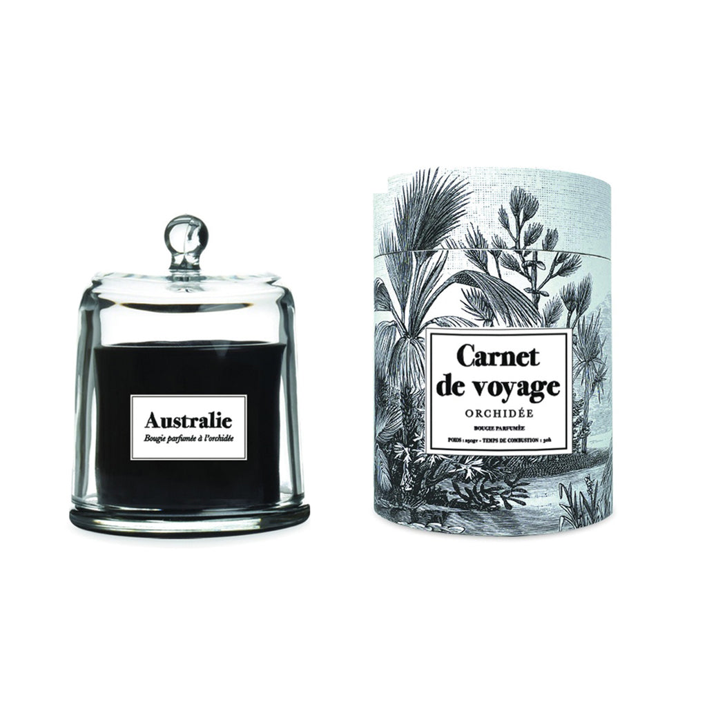 Bougie carnet de voyage sous cloche 250g