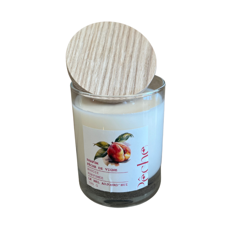Bougie pêche de vigne couvercle bois