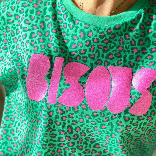 Tee-shirt Bisous  leopard vert et rose