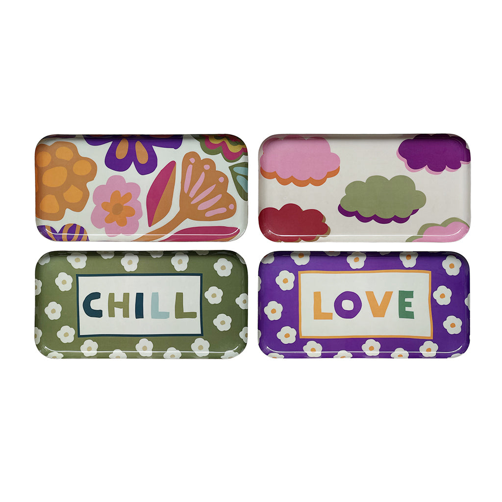 Plateau rectangulaire en métal fleur nuage chill love