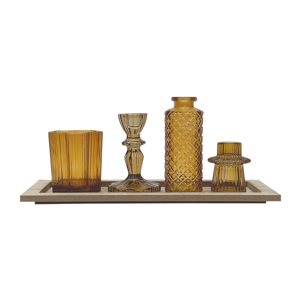 Set de 4 vases brun sur plateau en bois