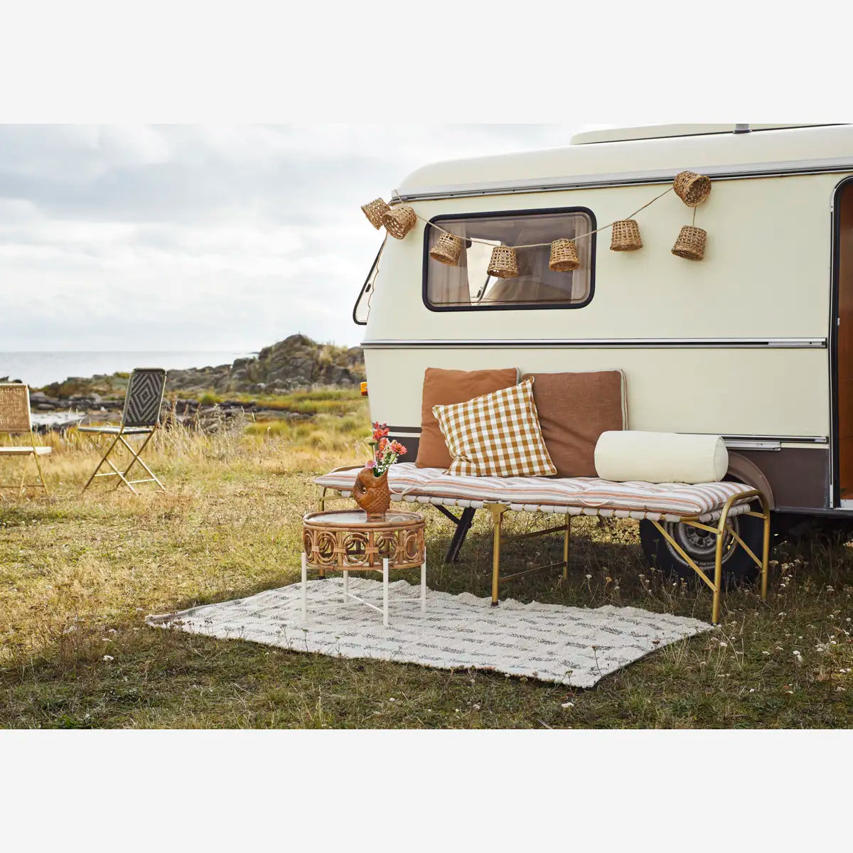 Banquette pliante en coton tressé – Off White & Laiton 180cm