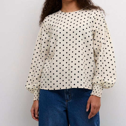 Blouse blanche à pois noirs