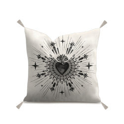 Coussin carré en velours ex-voto doré et pompons