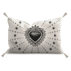 Coussin rectangulaire en velours ex-voto doré et pompons