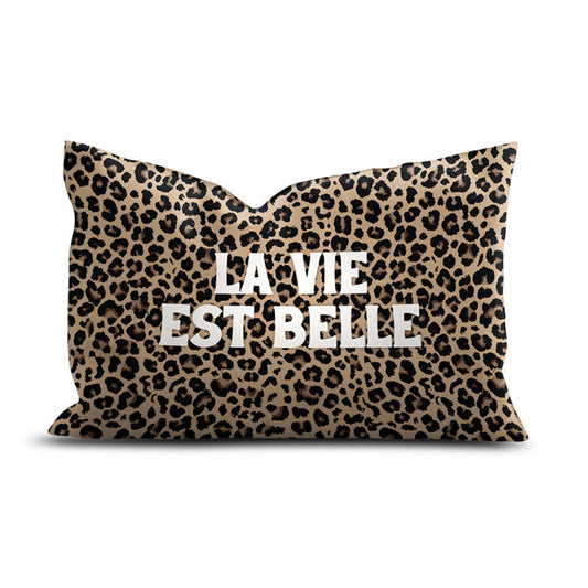 Coussin rectangulaire en velours léopard la vie est belle