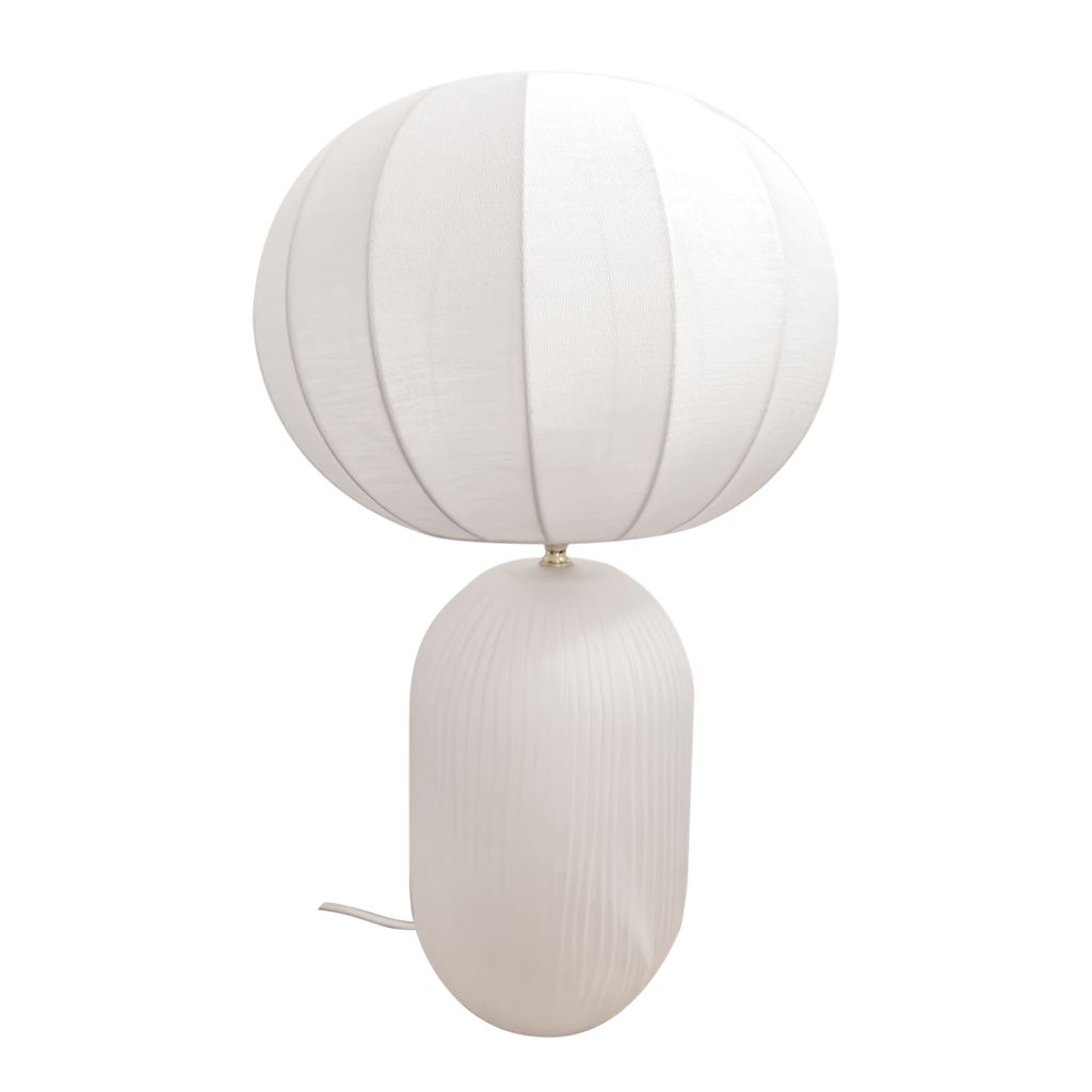 Lampe Lucas blanche – Verre -Toile Chinée – D30 H47,5 cm