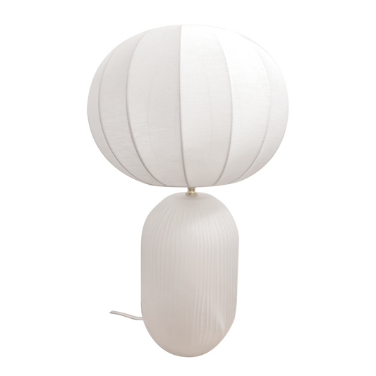 Lampe Lucas blanche – Verre -Toile Chinée – D30 H47,5 cm