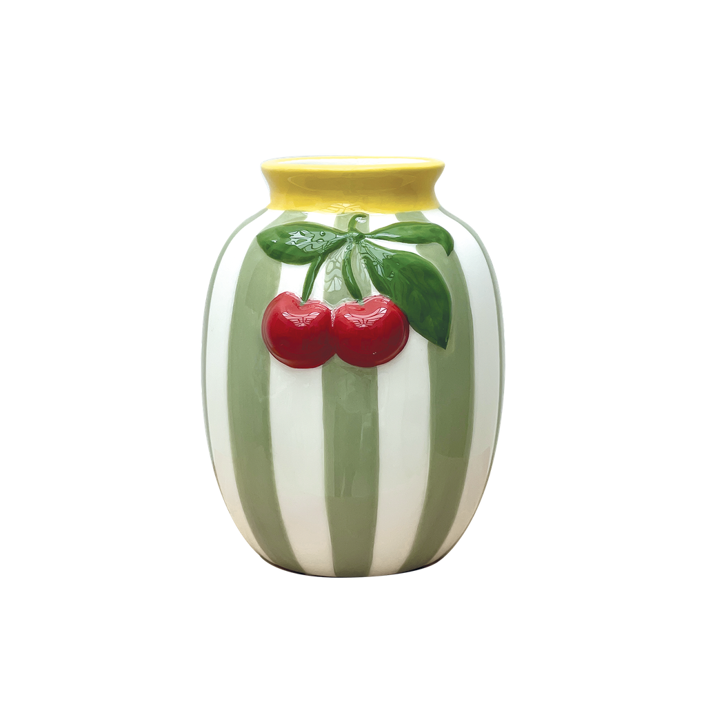 Vase Cerise Rayure Vert – Faïence Artisanale – H15,6 cm