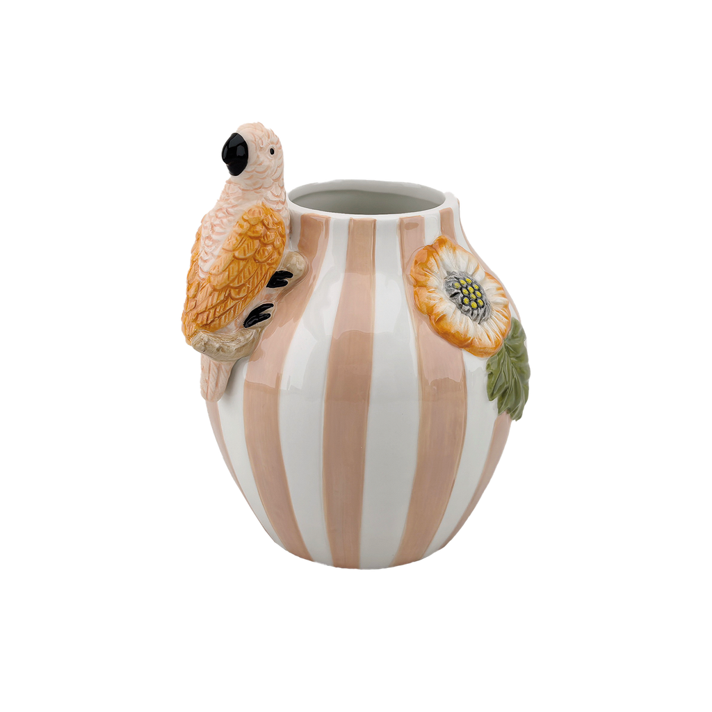 Vase Rayure Oiseau Rose – Faïence Artisanale – H18,2 cm