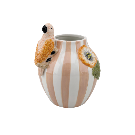 Vase Rayure Oiseau Rose – Faïence Artisanale – H18,2 cm